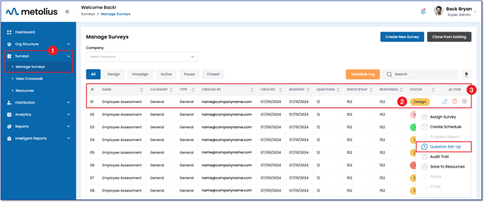 Surveys > Manage Surveys > Action > Question Setup