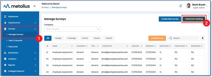Surveys > Manage Surveys > Clone from Existing